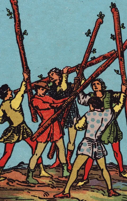 Пятёрка Жезлов — карта таро Райдера–Уэйта